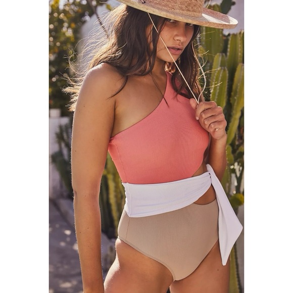 Beach Riot Carlie One Piece Coral Beige Tie Cutout Swimsuit - Picture 1 of 11